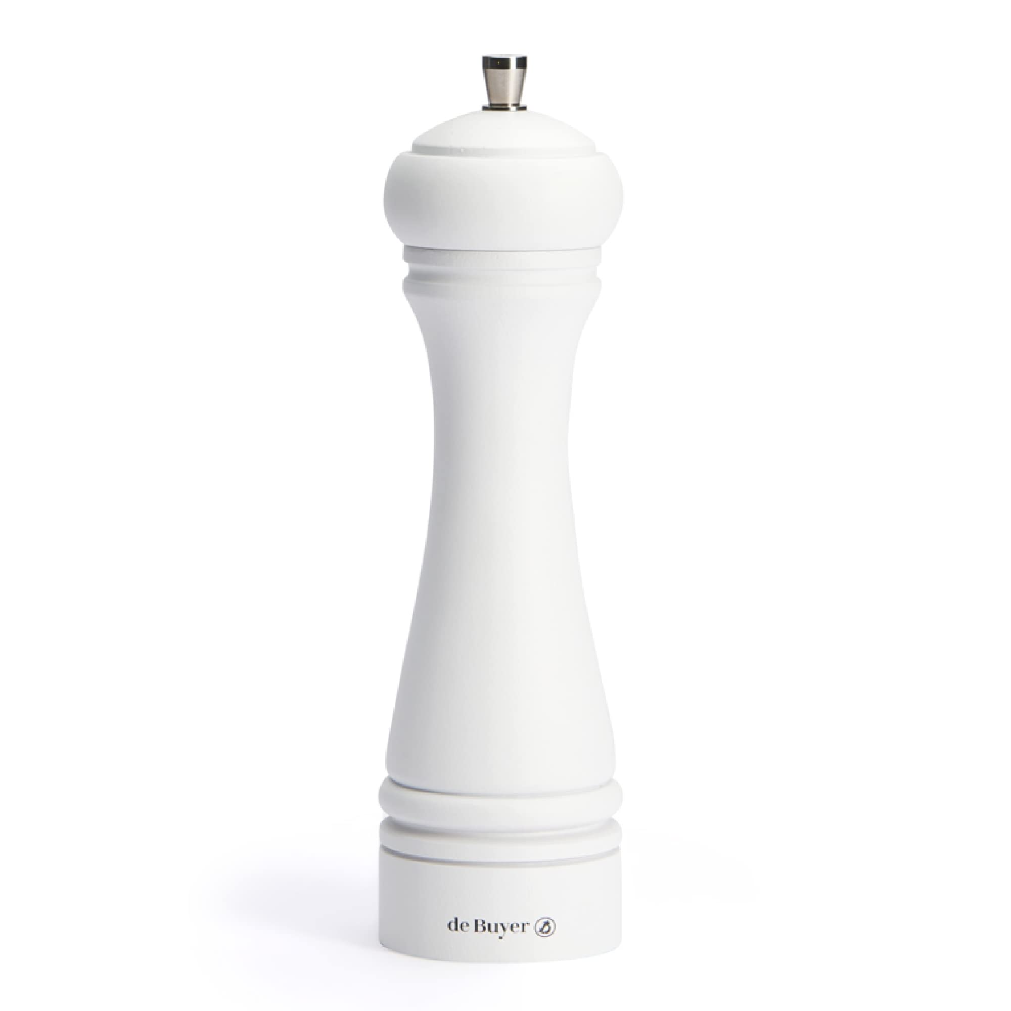 de Buyer JAVA Pepper Mill, Matte White - 8.25” - Stainless Steel & Beechwood - Includes Knob to Adjust Grind Size - Corrosion Resistant - Made in France