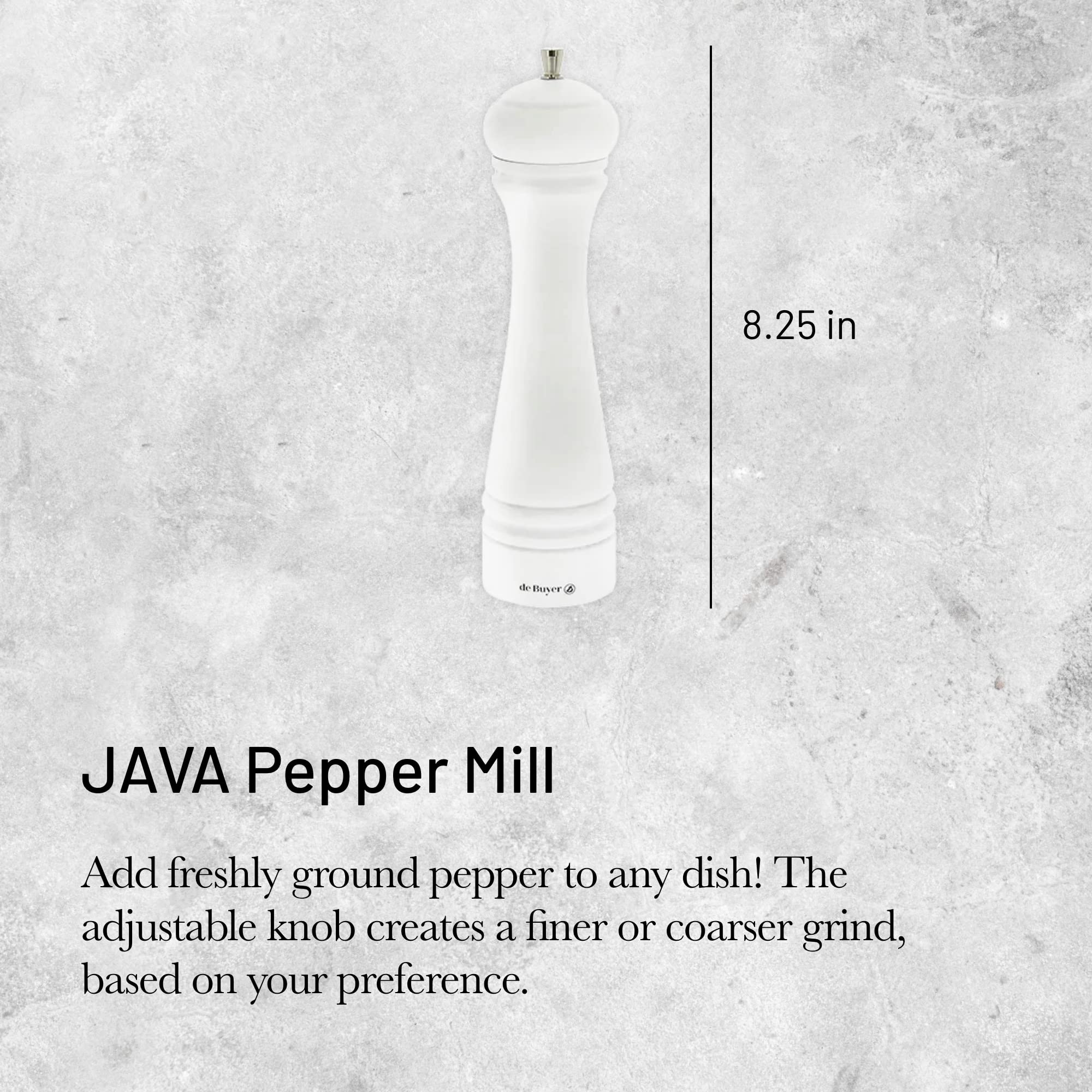 de Buyer JAVA Pepper Mill, Matte White - 8.25” - Stainless Steel & Beechwood - Includes Knob to Adjust Grind Size - Corrosion Resistant - Made in France