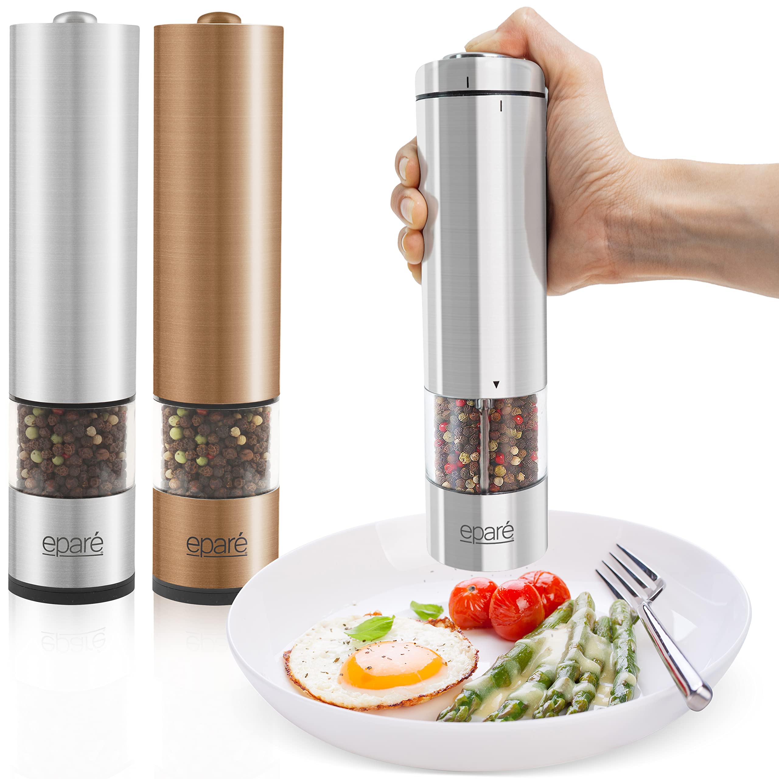 Eparé Bundle: Electric Salt or Pepper Grinder - Battery Operated Ceramic Burr Peppermill Shaker (Metallic) & Electric Salt or Pepper Grinder - Battery Operated Ceramic Burr Peppermill Shaker (Copper)