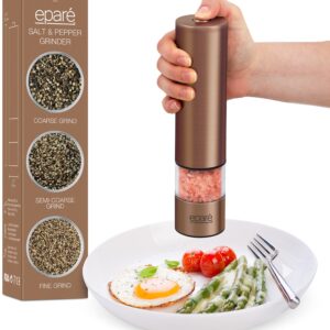 Eparé Bundle: Electric Salt or Pepper Grinder - Battery Operated Ceramic Burr Peppermill Shaker (Metallic) & Electric Salt or Pepper Grinder - Battery Operated Ceramic Burr Peppermill Shaker (Copper)