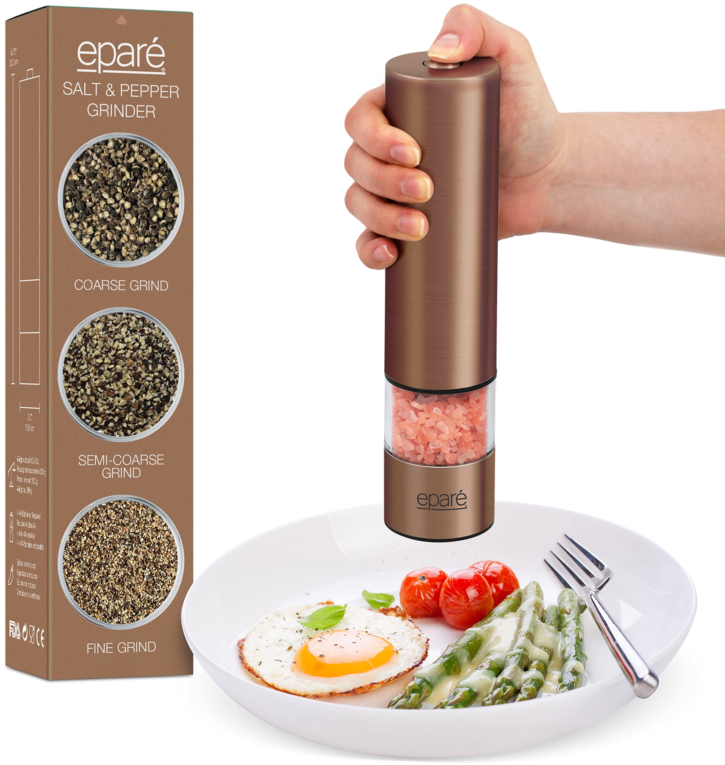 Eparé Bundle: Electric Salt or Pepper Grinder - Battery Operated Ceramic Burr Peppermill Shaker (Metallic) & Electric Salt or Pepper Grinder - Battery Operated Ceramic Burr Peppermill Shaker (Copper)