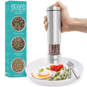 Eparé Bundle: Electric Salt or Pepper Grinder - Battery Operated Ceramic Burr Peppermill Shaker (Metallic) & Electric Salt or Pepper Grinder - Battery Operated Ceramic Burr Peppermill Shaker (Copper)