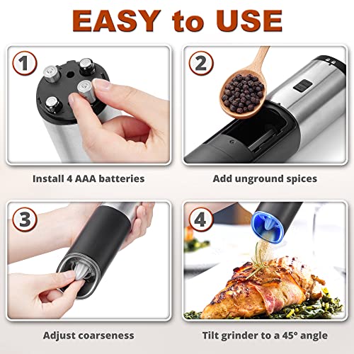 Mata1 Electric Spice Grinder (Black & Silver), Automatic Gravity Salt & Pepper Mill, Refillable w/Adjustable Coarseness, Stainless Steel Battery Operated Electronic Seasoning Grinder