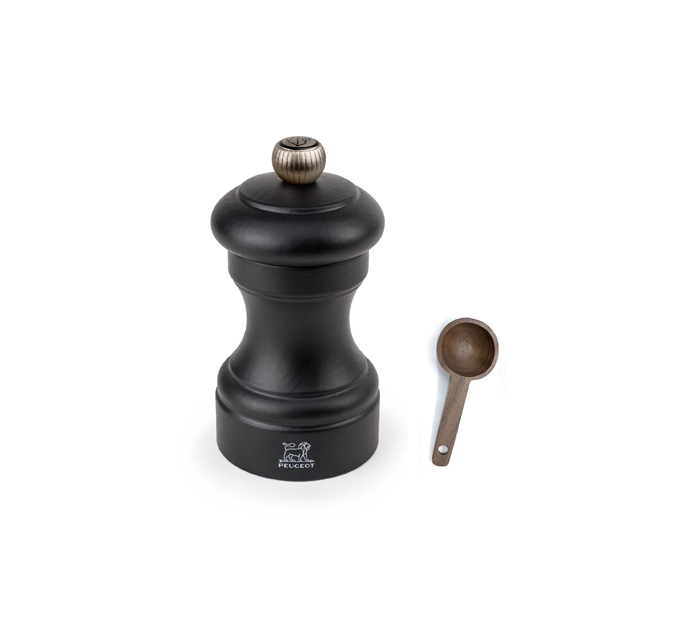 Peugeot Bistro 4 Inch Pepper Mill Gift Set, Black Matte - With Wooden Spice Scoop