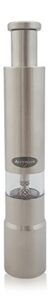 avryware stainless steel refillable spice grinder mill for salt, pepper, and seasoning - thumb operated push button for one hand grinding