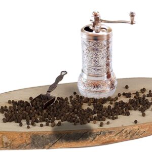 salt and black pepper grinder, refillable spice grinder, vintage turkish pepper mill, authentic salt grinder with adjustable coarseness, 4.2 in (bright silver)
