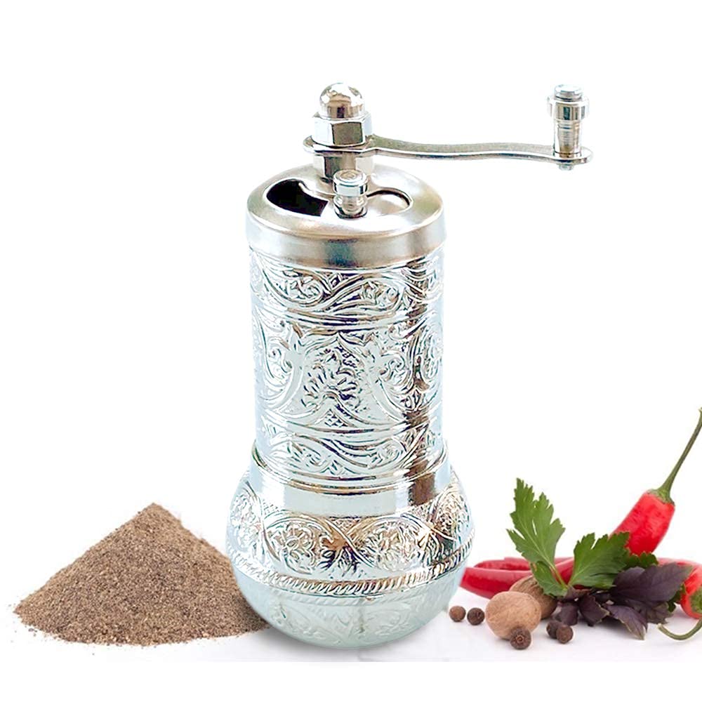 Salt and Black Pepper Grinder, Refillable Spice Grinder, Vintage Turkish Pepper Mill, Authentic Salt Grinder with Adjustable Coarseness, 4.2 in (Bright Silver)