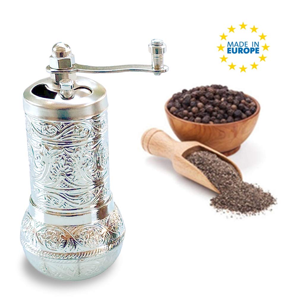 Salt and Black Pepper Grinder, Refillable Spice Grinder, Vintage Turkish Pepper Mill, Authentic Salt Grinder with Adjustable Coarseness, 4.2 in (Bright Silver)