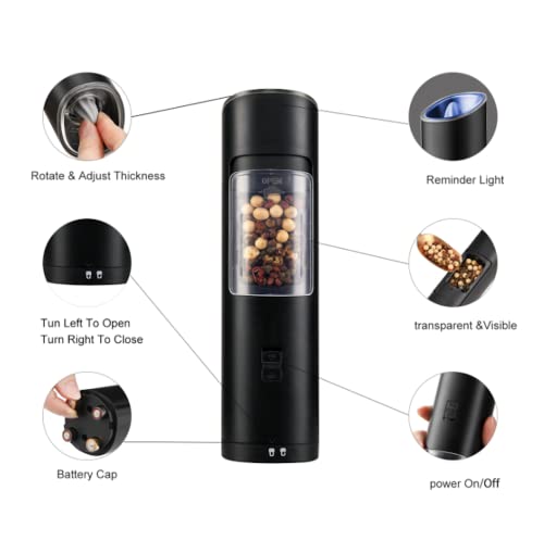 STANFORD Battery Operated Salt and Pepper shaker in one, Electric Pepper Grinder, Battery Operated Pepper Grinde, One Handed Automatic Operation with Adjustable Coarseness Mill, Black