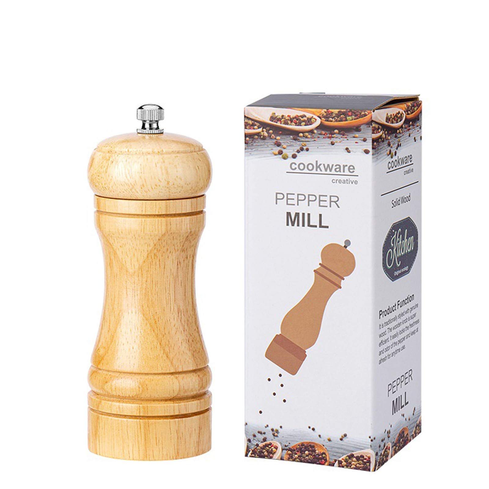 Wood Pepper Grinder Refillable, Pepper Mill, Adjustable Salt and Pepper Grinder Set, Kitchen Gadgets, Long Lasting Fresh Keeping Spice Grinder, Ceramic Grinding Mechanism Salt Mill (5inch)