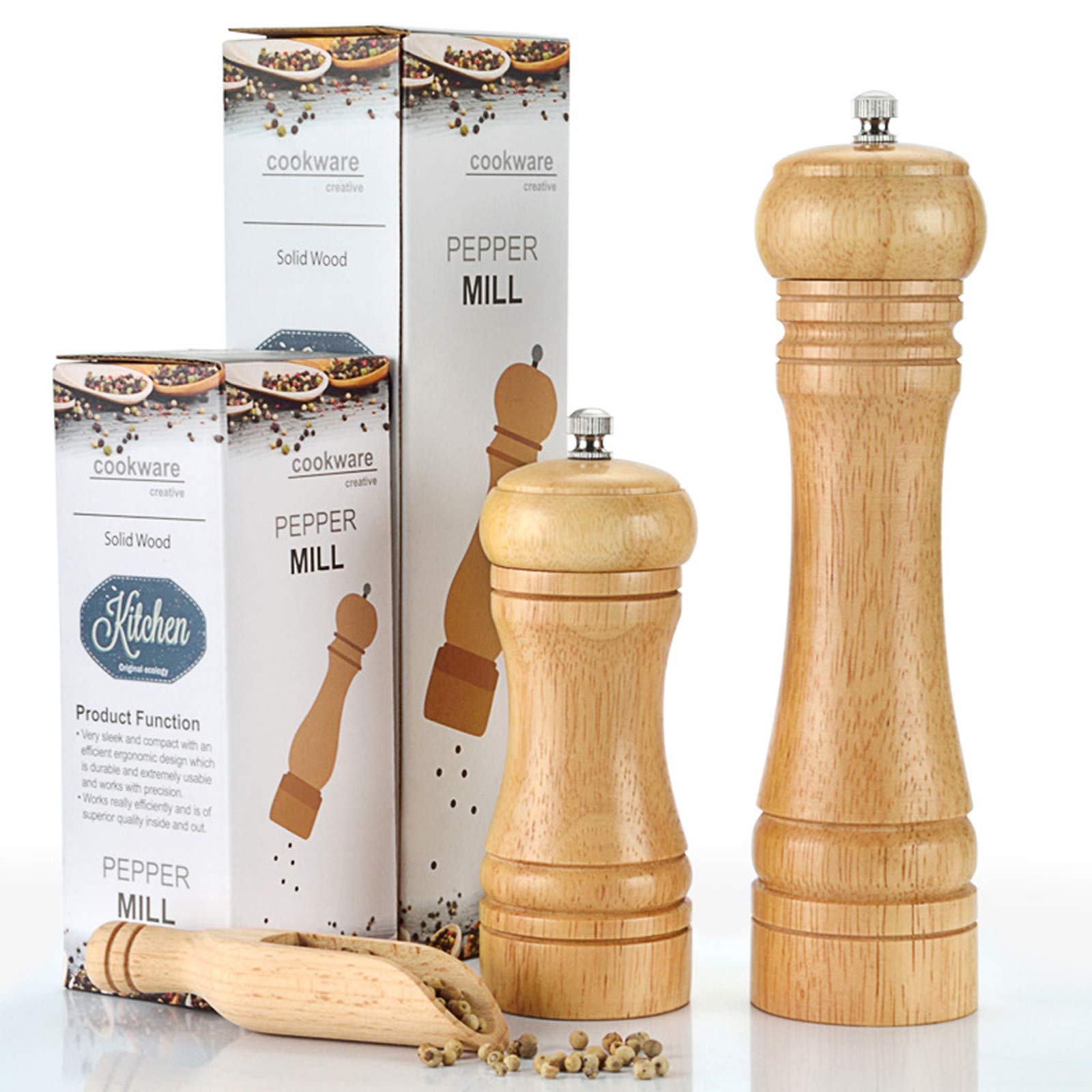 Wood Pepper Grinder Refillable, Pepper Mill, Adjustable Salt and Pepper Grinder Set, Kitchen Gadgets, Long Lasting Fresh Keeping Spice Grinder, Ceramic Grinding Mechanism Salt Mill (5inch)