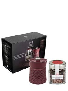 peugeot bali fonte cast iron pepper mill 8cm-3 inch, red. gift set includes a peppercorn spice cube