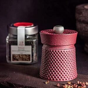 Peugeot Bali Fonte Cast Iron Pepper Mill 8cm-3 inch, Red. Gift Set includes a Peppercorn Spice Cube