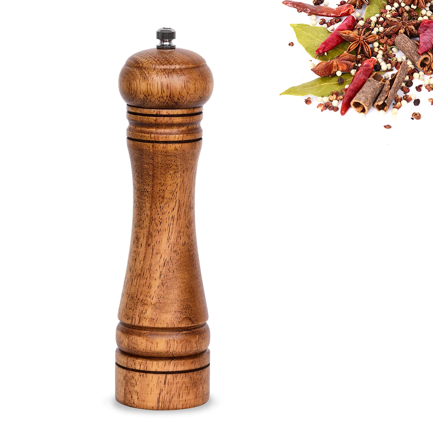 EpinItd Wooden Pepper Mill, Ceramic Burr Adjustable Coarseness Pepper Grinder, Durable Manual Spice Pepper Mills Easily Refillable and Great Use, 8 Inch, Wood Color