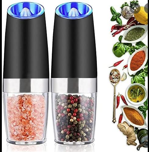 Electric Salt & Pepper Grinders - Black One Hand Grinder - Gifts for Him, Gifts for Home, Stocking Stuffer - 2 Pack