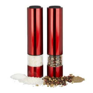 relaxdays electrical pepper mill, set of 2, stylish, led light, spice shaker, stainless steel, battery-operated, red