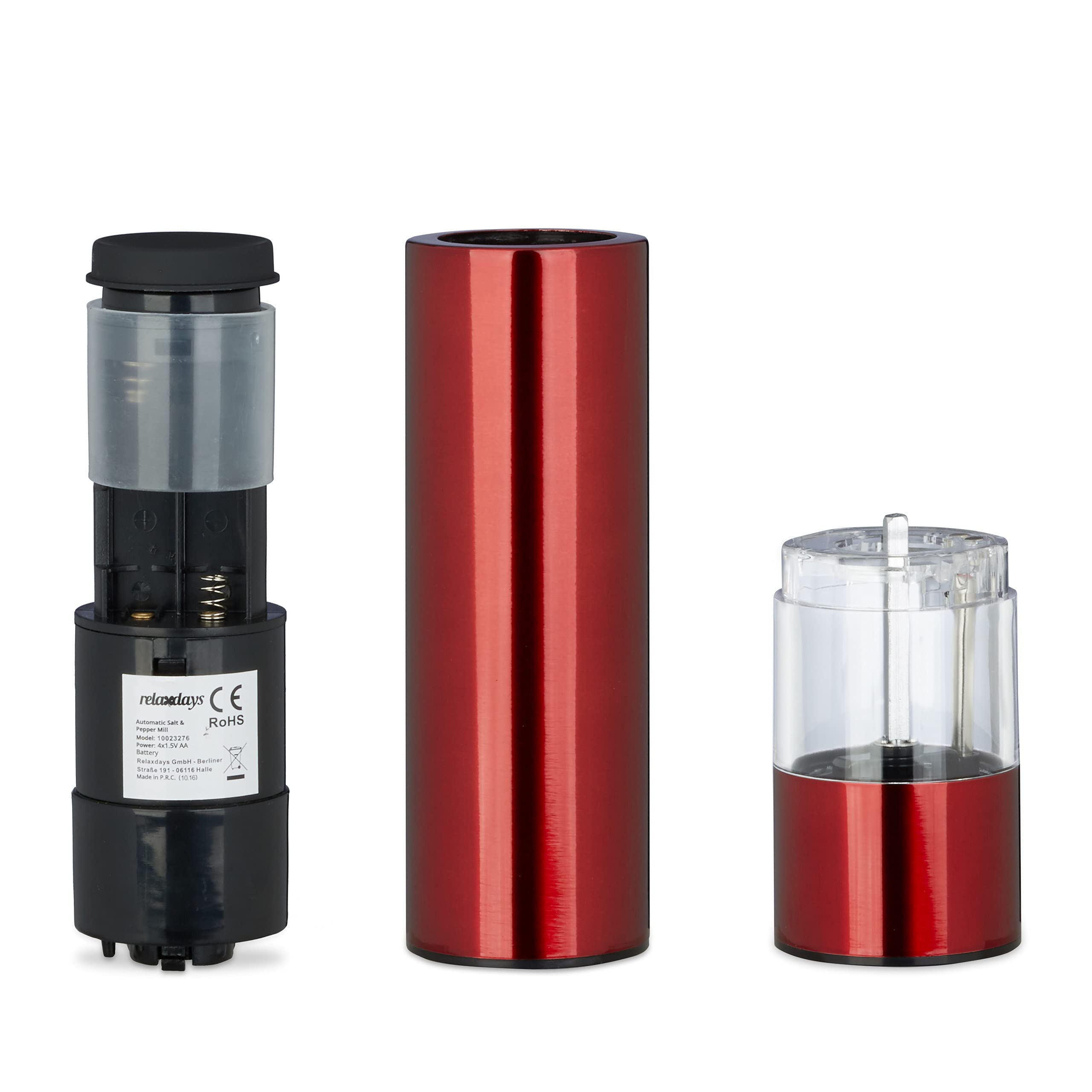 Relaxdays Electrical Pepper Mill, Set of 2, Stylish, LED Light, Spice Shaker, Stainless Steel, Battery-Operated, Red