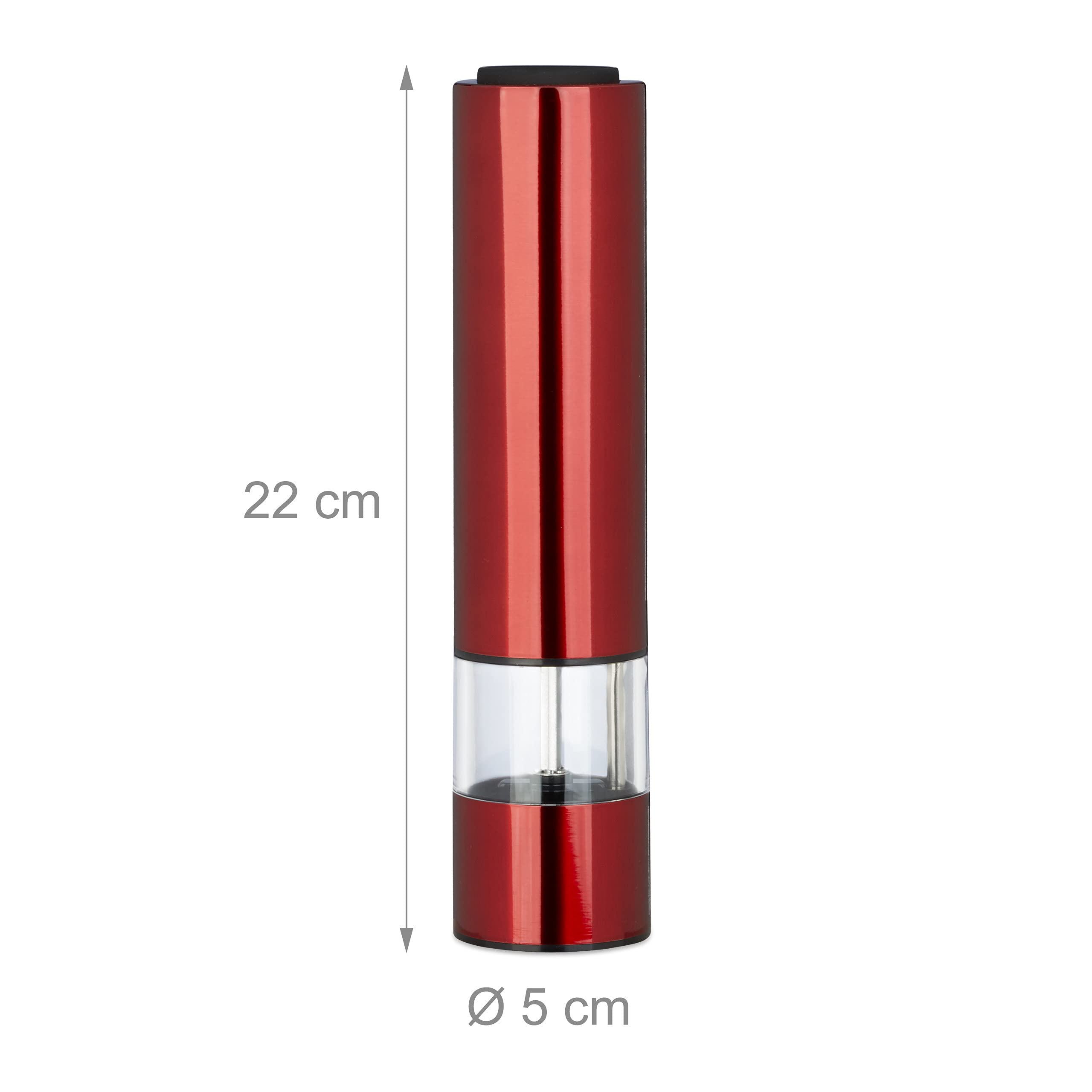 Relaxdays Electrical Pepper Mill, Set of 2, Stylish, LED Light, Spice Shaker, Stainless Steel, Battery-Operated, Red