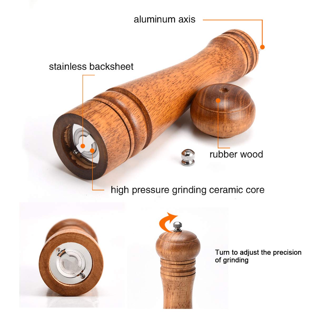 Wood Salt and Pepper Mill, Adjustable Coarseness Wooden Grinder Wooden Peppermill with Ceramic Grinding Core Refillable for Kitchen Picnic BBQ Restaurant Parties - 10 inch