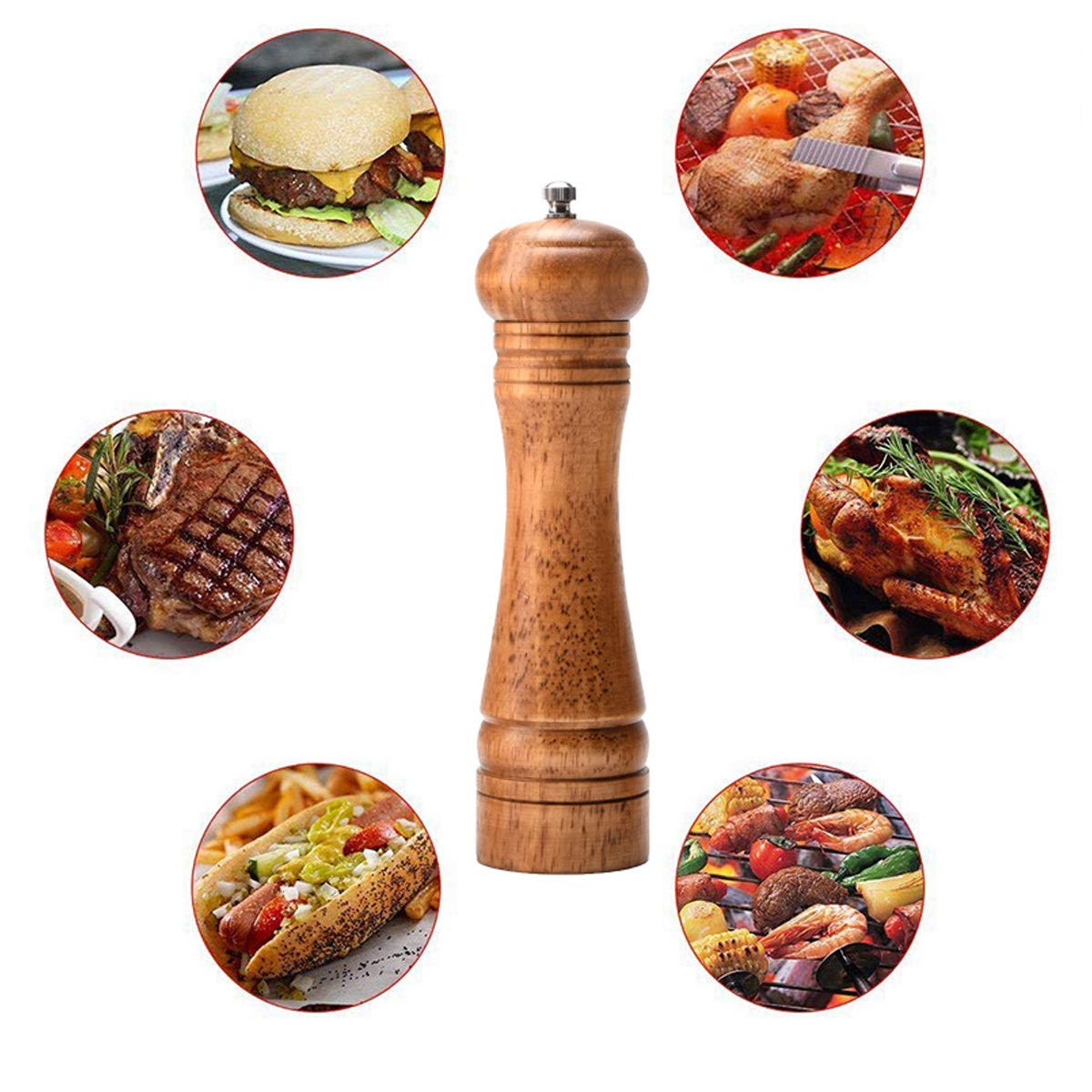 Wood Salt and Pepper Mill, Adjustable Coarseness Wooden Grinder Wooden Peppermill with Ceramic Grinding Core Refillable for Kitchen Picnic BBQ Restaurant Parties - 10 inch