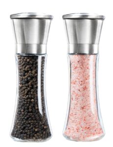 2 pcs salt and pepper grinders glass mills brushed stainless steel with adjustable ceramic rotor