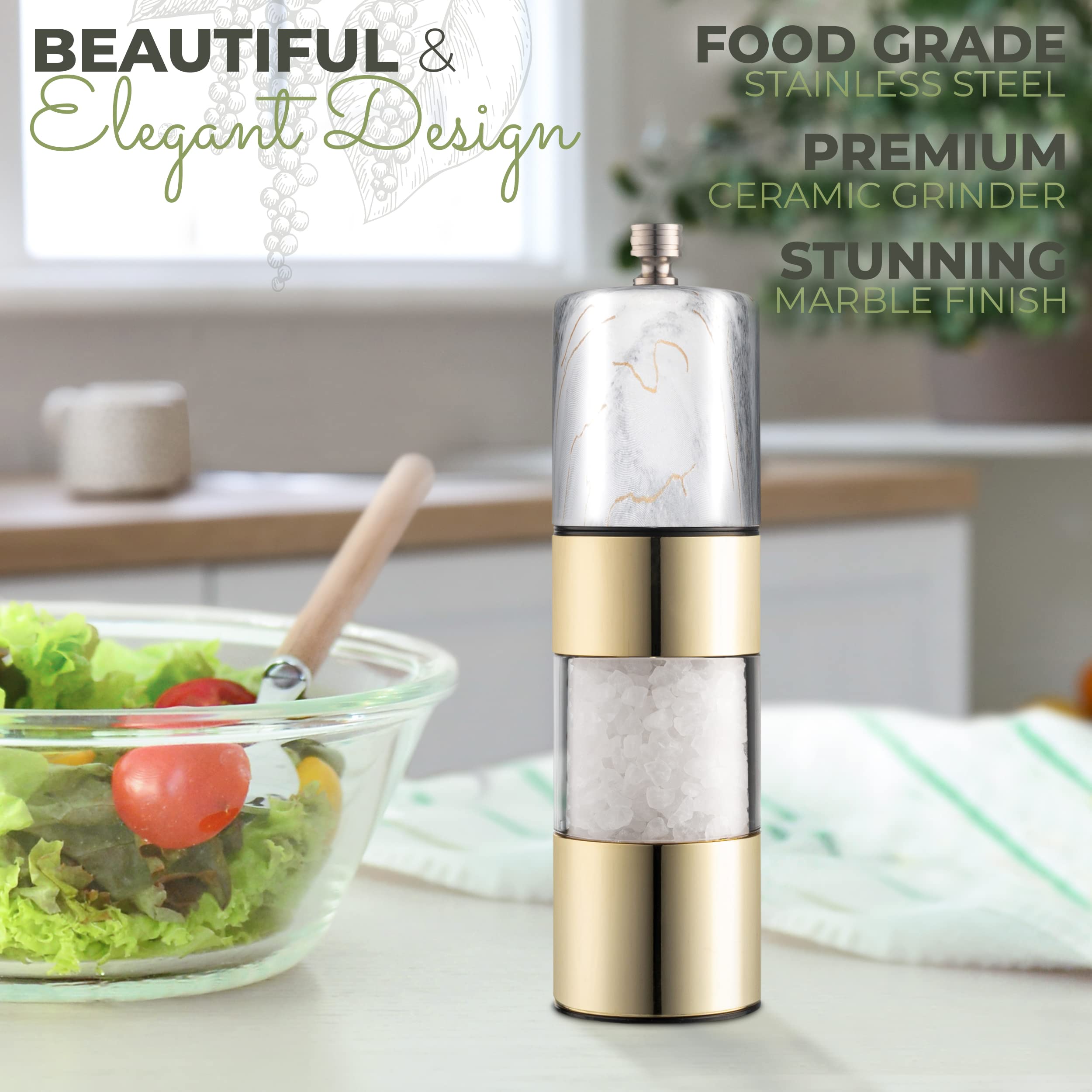 Peppermate Salt and Pepper Grinder - Easily Refillable Stainless Steel Pepper Mill Grinder with Real Marble Finish Top, Ceramic Blades, Adjustable Coarseness (White)