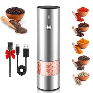electric salt or pepper grinder, rechargeable stainless steel automatic pepper mill with light, adjustable coarseness, ceramic core, one touch operation, refillable, no battery needed