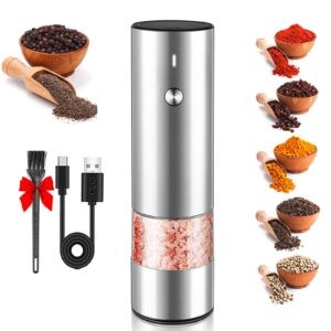 Electric Salt or Pepper Grinder, Rechargeable Stainless Steel Automatic Pepper Mill with Light, Adjustable Coarseness, Ceramic Core, One Touch Operation, Refillable, No Battery Needed