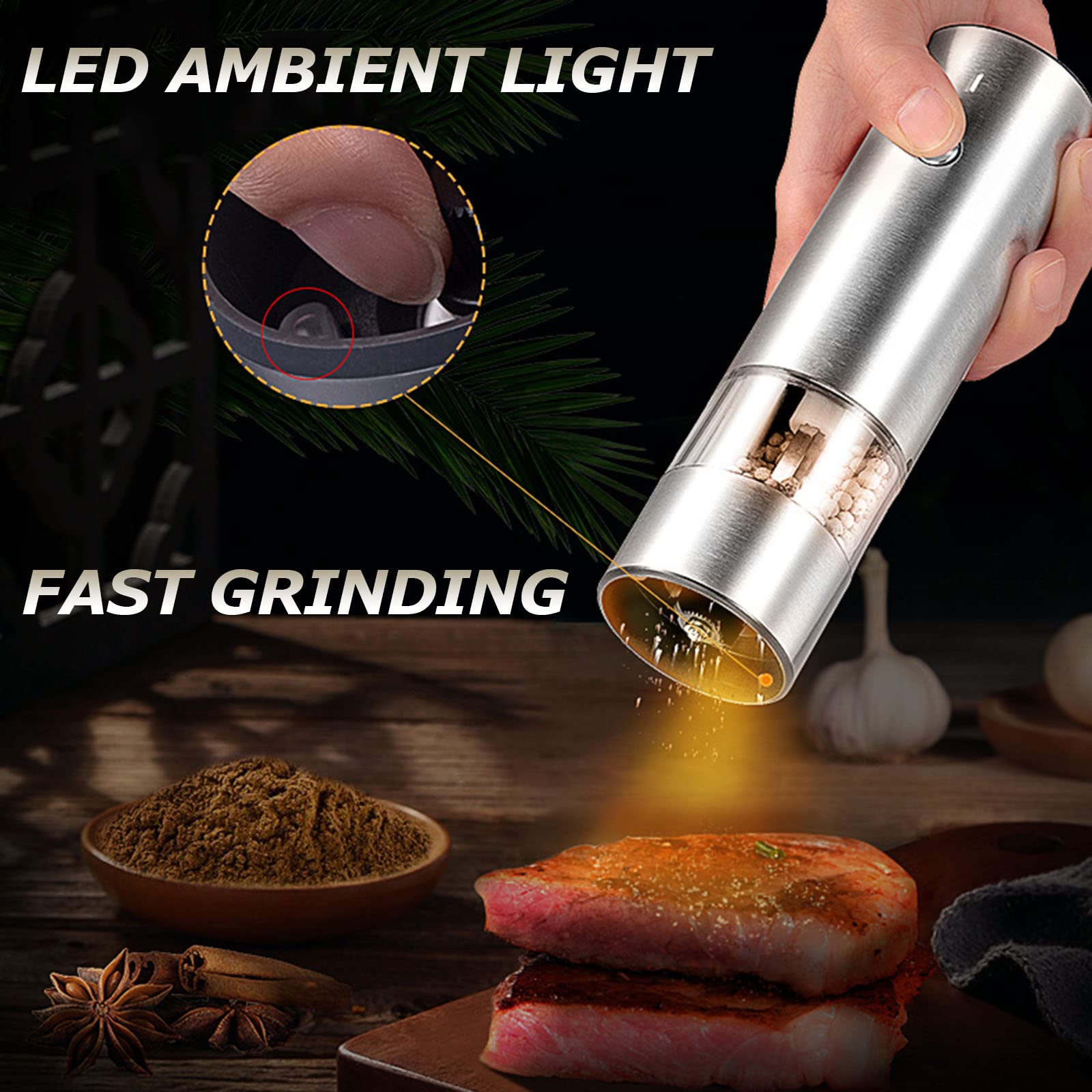 Electric Salt or Pepper Grinder, Rechargeable Stainless Steel Automatic Pepper Mill with Light, Adjustable Coarseness, Ceramic Core, One Touch Operation, Refillable, No Battery Needed