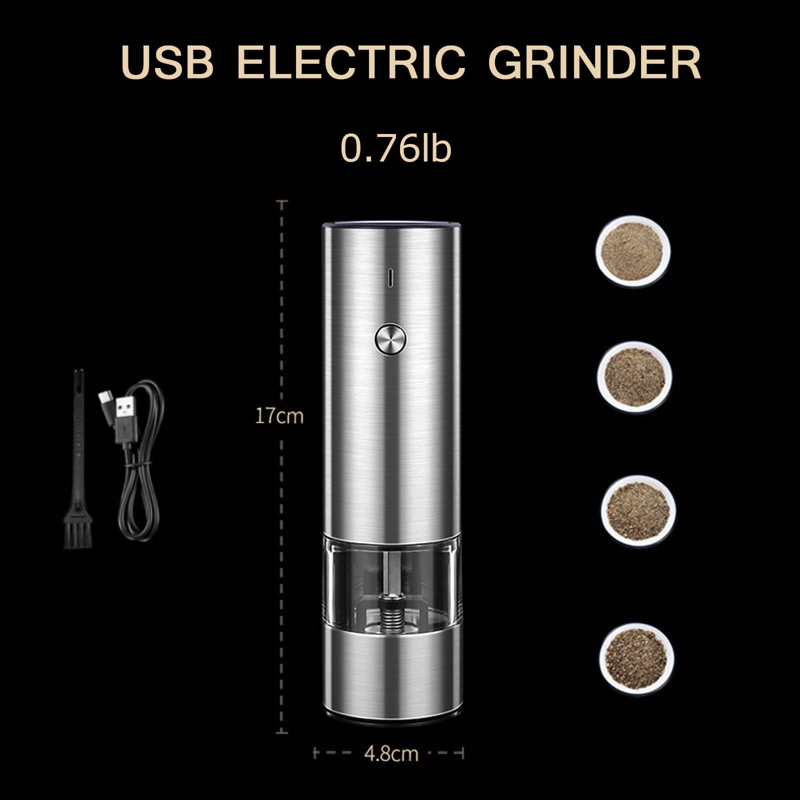 Electric Salt or Pepper Grinder, Rechargeable Stainless Steel Automatic Pepper Mill with Light, Adjustable Coarseness, Ceramic Core, One Touch Operation, Refillable, No Battery Needed