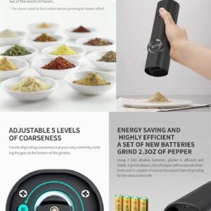 L & H Household Electric Pepper Salt Grier, Adjustable Coarseness, Battery Powered with LED Light, One Ha 3D Pattern Push Buttun Operation, ABS Black-1PC, 55*50*180MM (KYMQ-14)