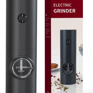 L & H Household Electric Pepper Salt Grier, Adjustable Coarseness, Battery Powered with LED Light, One Ha 3D Pattern Push Buttun Operation, ABS Black-1PC, 55*50*180MM (KYMQ-14)