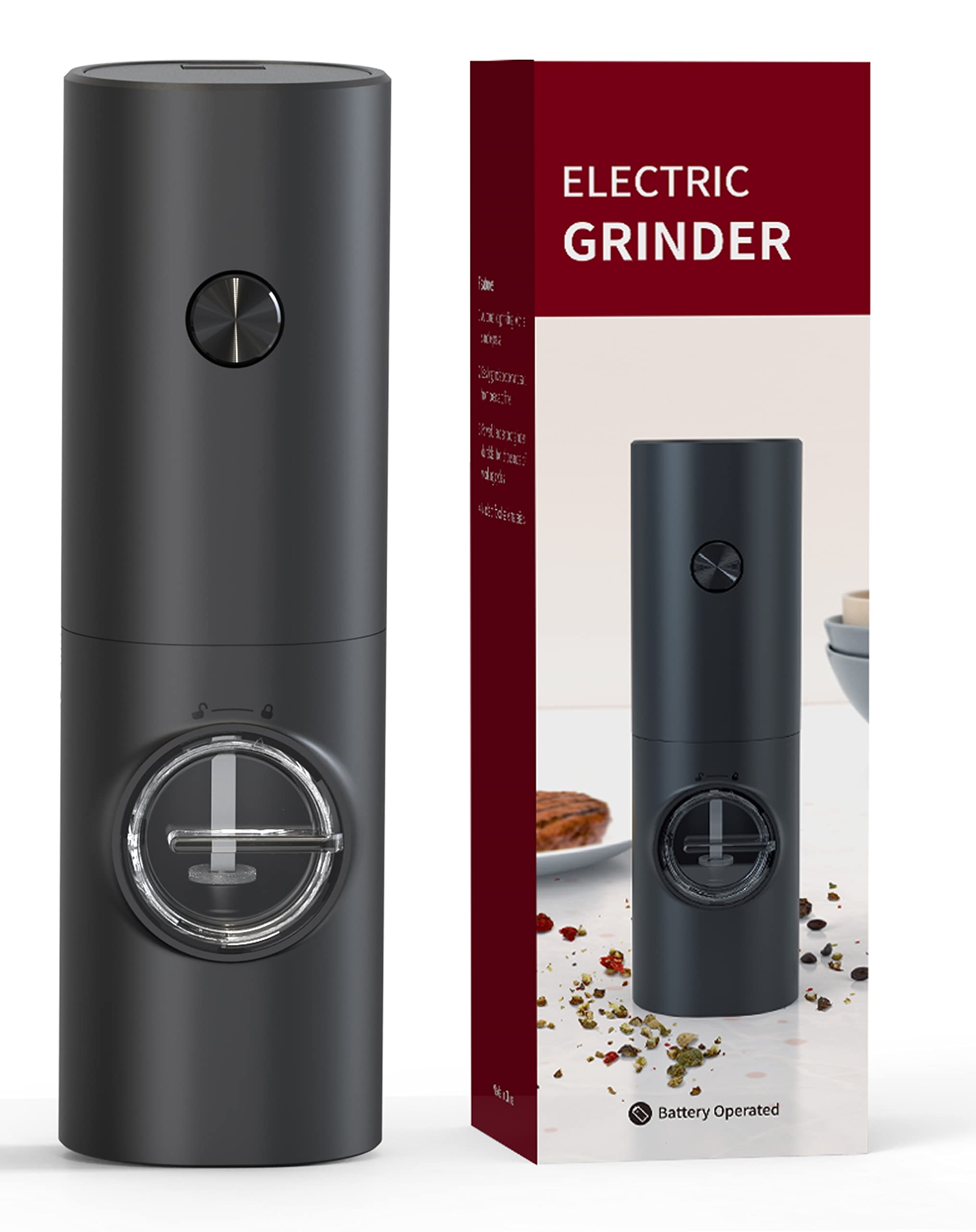 L & H Household Electric Pepper Salt Grier, Adjustable Coarseness, Battery Powered with LED Light, One Ha 3D Pattern Push Buttun Operation, ABS Black-1PC, 55*50*180MM (KYMQ-14)