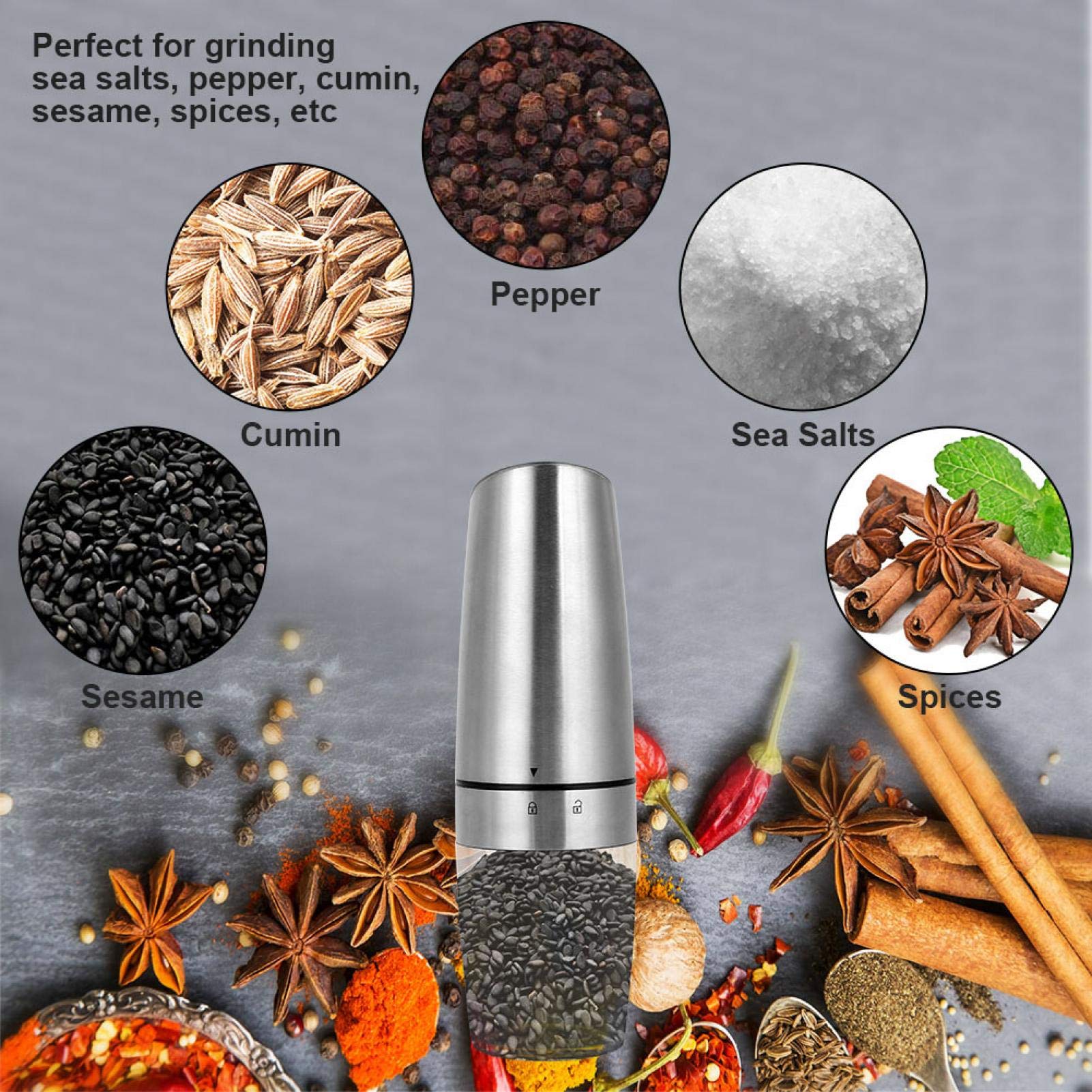 Electric Pepper Mill and Salt Grinder Automatic Stainless Steel Gravity Induction Grinding Cumin Spices Machine Kitchen Tool