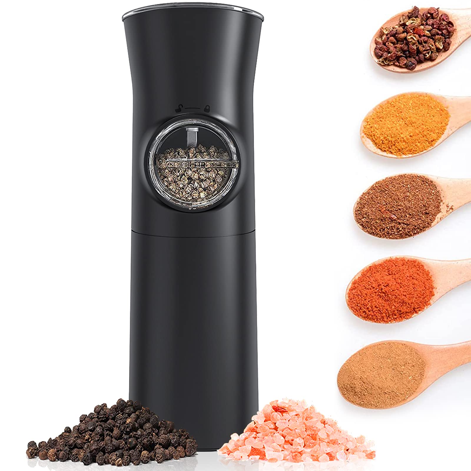 Pepper Grinder, JEKSSTB Battery Operated Salt and Pepper Grinder, Adjustable Coarseness, with LED Light, Dust Cover, One Hand Electric Salt and Pepper Grinder, ABS Material (Black)