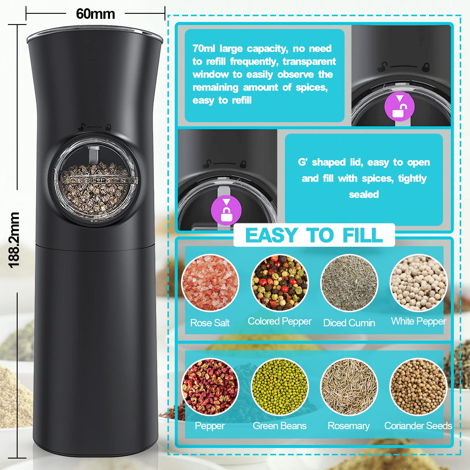 Pepper Grinder, JEKSSTB Battery Operated Salt and Pepper Grinder, Adjustable Coarseness, with LED Light, Dust Cover, One Hand Electric Salt and Pepper Grinder, ABS Material (Black)