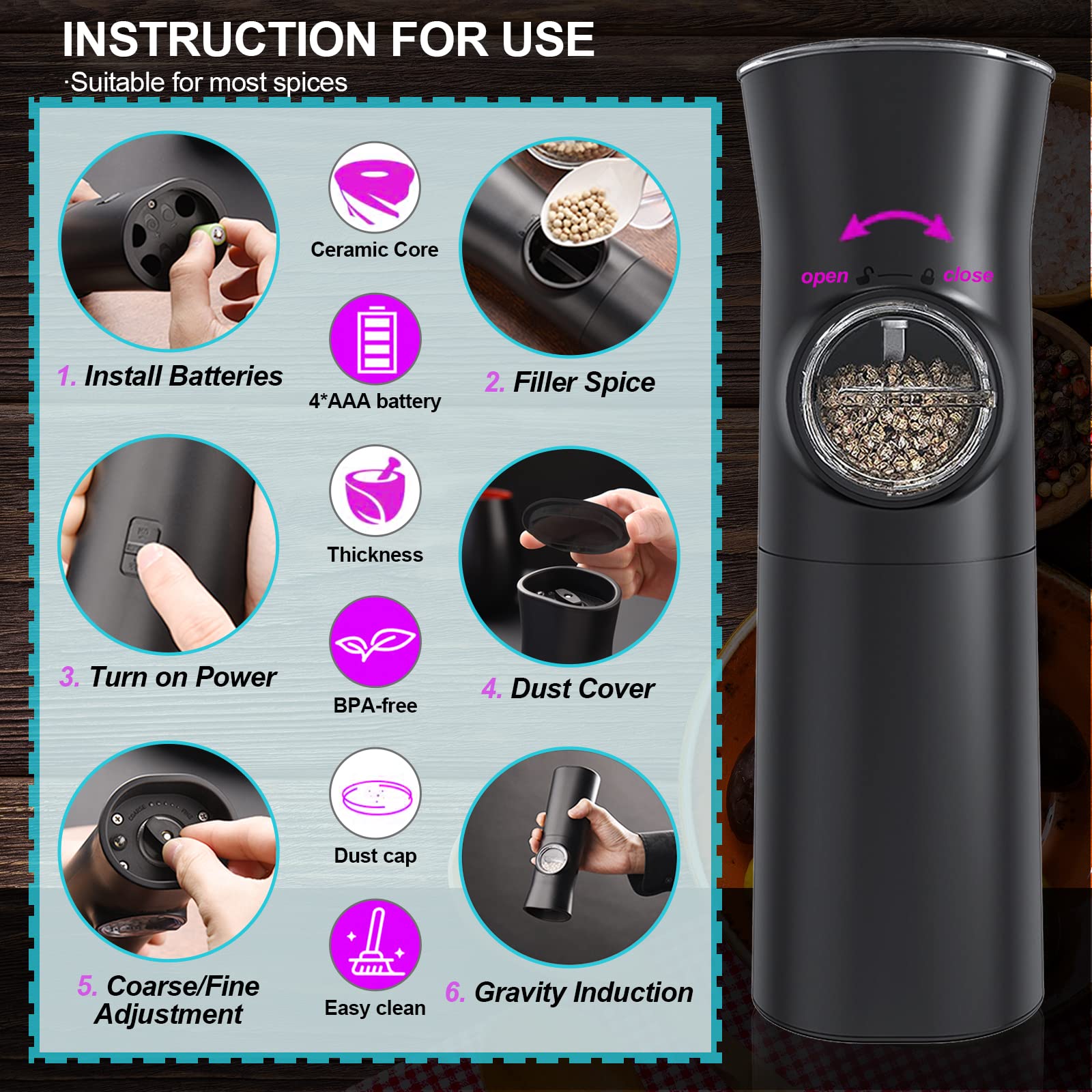 Pepper Grinder, JEKSSTB Battery Operated Salt and Pepper Grinder, Adjustable Coarseness, with LED Light, Dust Cover, One Hand Electric Salt and Pepper Grinder, ABS Material (Black)