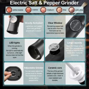 Pepper Grinder, JEKSSTB Battery Operated Salt and Pepper Grinder, Adjustable Coarseness, with LED Light, Dust Cover, One Hand Electric Salt and Pepper Grinder, ABS Material (Black)