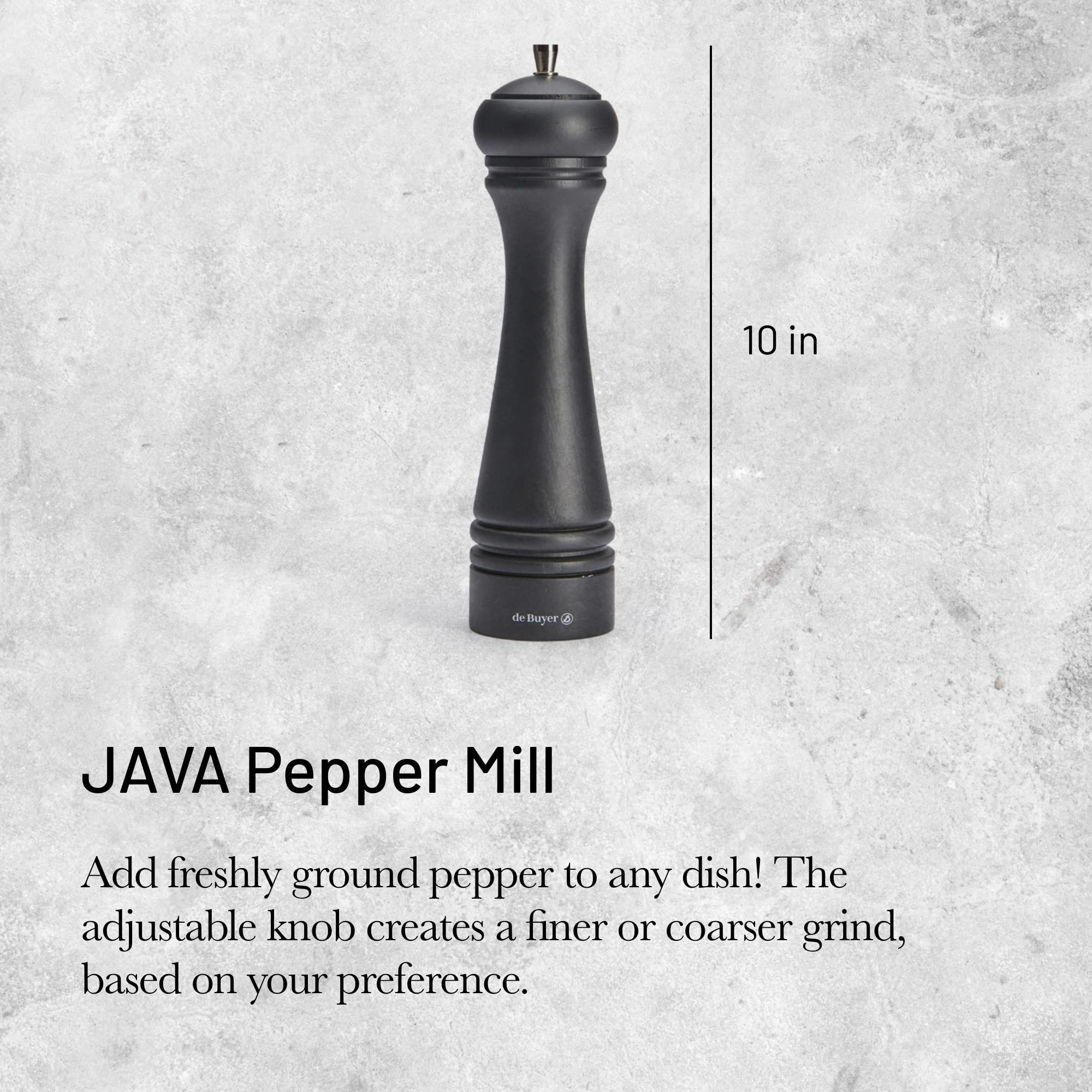 de Buyer JAVA Pepper Mill, Matte Black - 10” - Stainless Steel & Beechwood - Includes Knob to Adjust Grind Size - Corrosion Resistant - Made in France