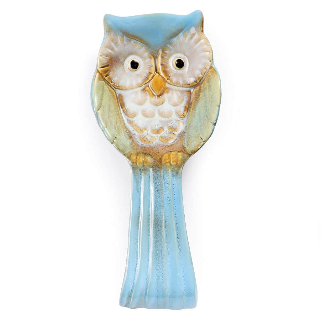 Sanbege Owl Spoon Rest, Ceramic Ladle Holder, Utensil Rester for Stove Top, Kitchen Counter, Dining Table, Coffee Station (Blue)