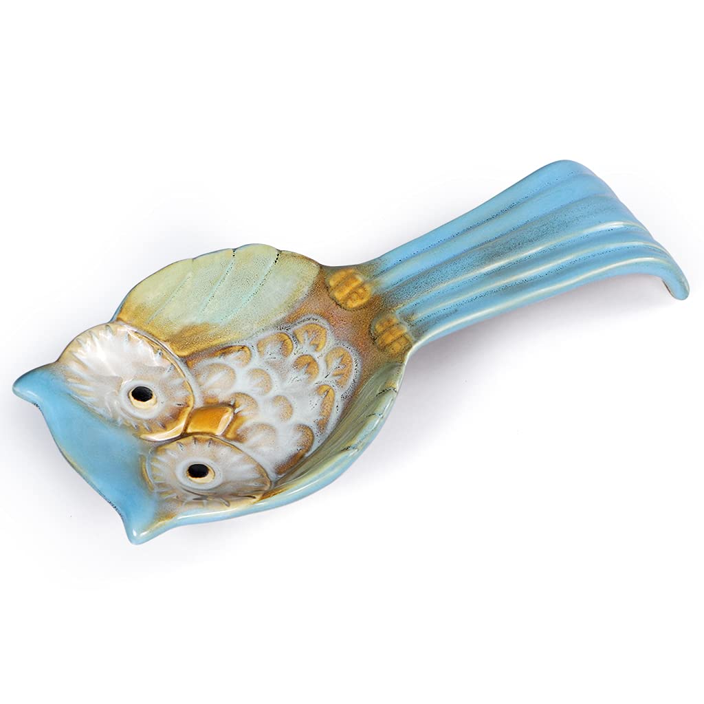 Sanbege Owl Spoon Rest, Ceramic Ladle Holder, Utensil Rester for Stove Top, Kitchen Counter, Dining Table, Coffee Station (Blue)