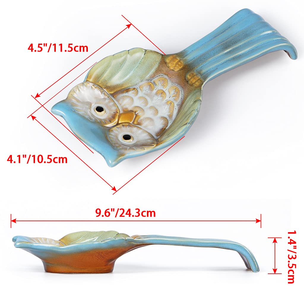 Sanbege Owl Spoon Rest, Ceramic Ladle Holder, Utensil Rester for Stove Top, Kitchen Counter, Dining Table, Coffee Station (Blue)