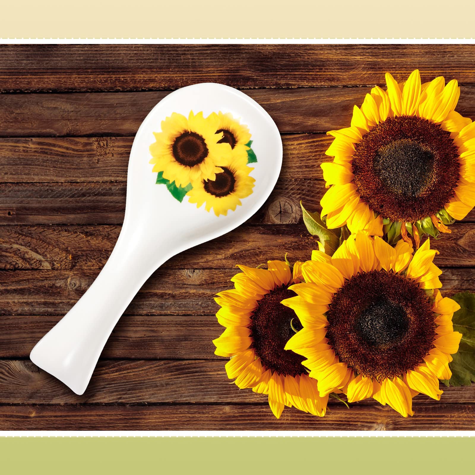 Ceramic Spoon Rest Flower Utensil Holder Sunflower Spoon Rest for Stove Gold Rim Kitchen Decor Spoon Sunflower Kitchen Accessories Cooking Utensil Gifts Farmhouse Spoon Rest for Kitchen Coffee Bar