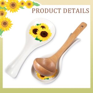 Ceramic Spoon Rest Flower Utensil Holder Sunflower Spoon Rest for Stove Gold Rim Kitchen Decor Spoon Sunflower Kitchen Accessories Cooking Utensil Gifts Farmhouse Spoon Rest for Kitchen Coffee Bar