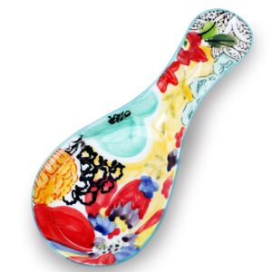 colorful hand painted spoon rest - ceramic large spoon holder for kitchen counter stove top, dishwasher safe, multicolor (1 pack)