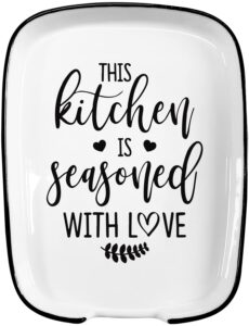 hvukeke ceramic spoon rest for kitchen stove top counter, funny this kitchen is seasoned with love white spoon holders for chef, mom, grandma, modern farmhouse kitchen cute decor gift