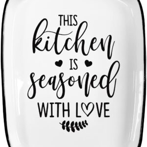 Hvukeke Ceramic Spoon Rest for Kitchen Stove Top Counter, Funny This Kitchen is Seasoned With Love White Spoon Holders for Chef, Mom, Grandma, Modern Farmhouse Kitchen Cute Decor Gift