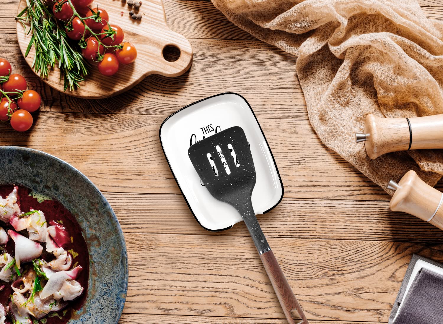 Hvukeke Ceramic Spoon Rest for Kitchen Stove Top Counter, Funny This Kitchen is Seasoned With Love White Spoon Holders for Chef, Mom, Grandma, Modern Farmhouse Kitchen Cute Decor Gift