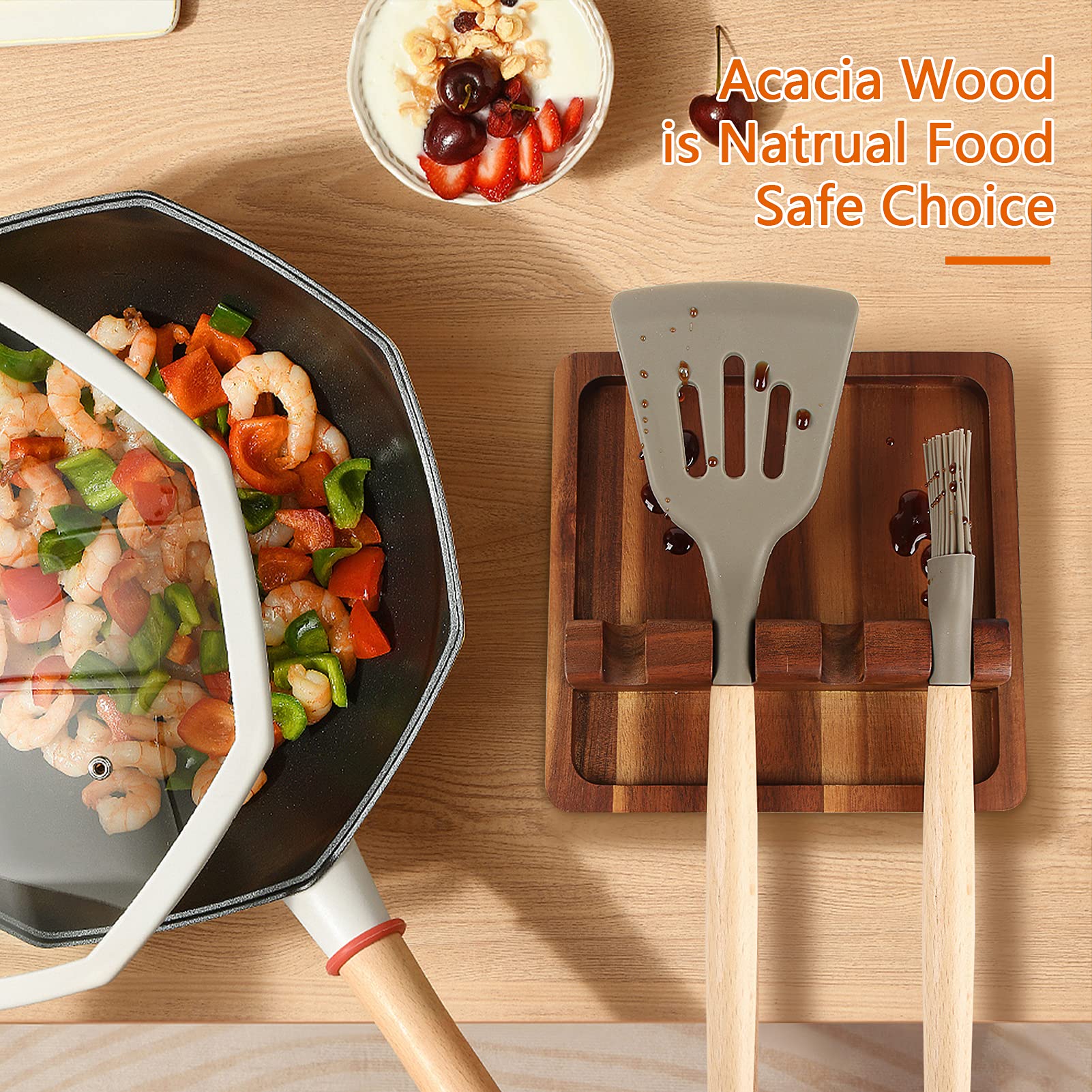 Acacia Wood Utensil Rest with Drip Pad for Multiple Utensils, 4 Slots Available, BPA-Free Spoon Rest & Spoon Holder for Stove Top, Kitchen Utensil Holder for Ladles,Turner,Brush,Spatula& More