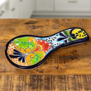 Enchanted Talavera Hand Painted Ceramic Spoon Rest Kitchen Counter top Utensil Holder For Spoons Spanish Mexican Decorations (Multi)